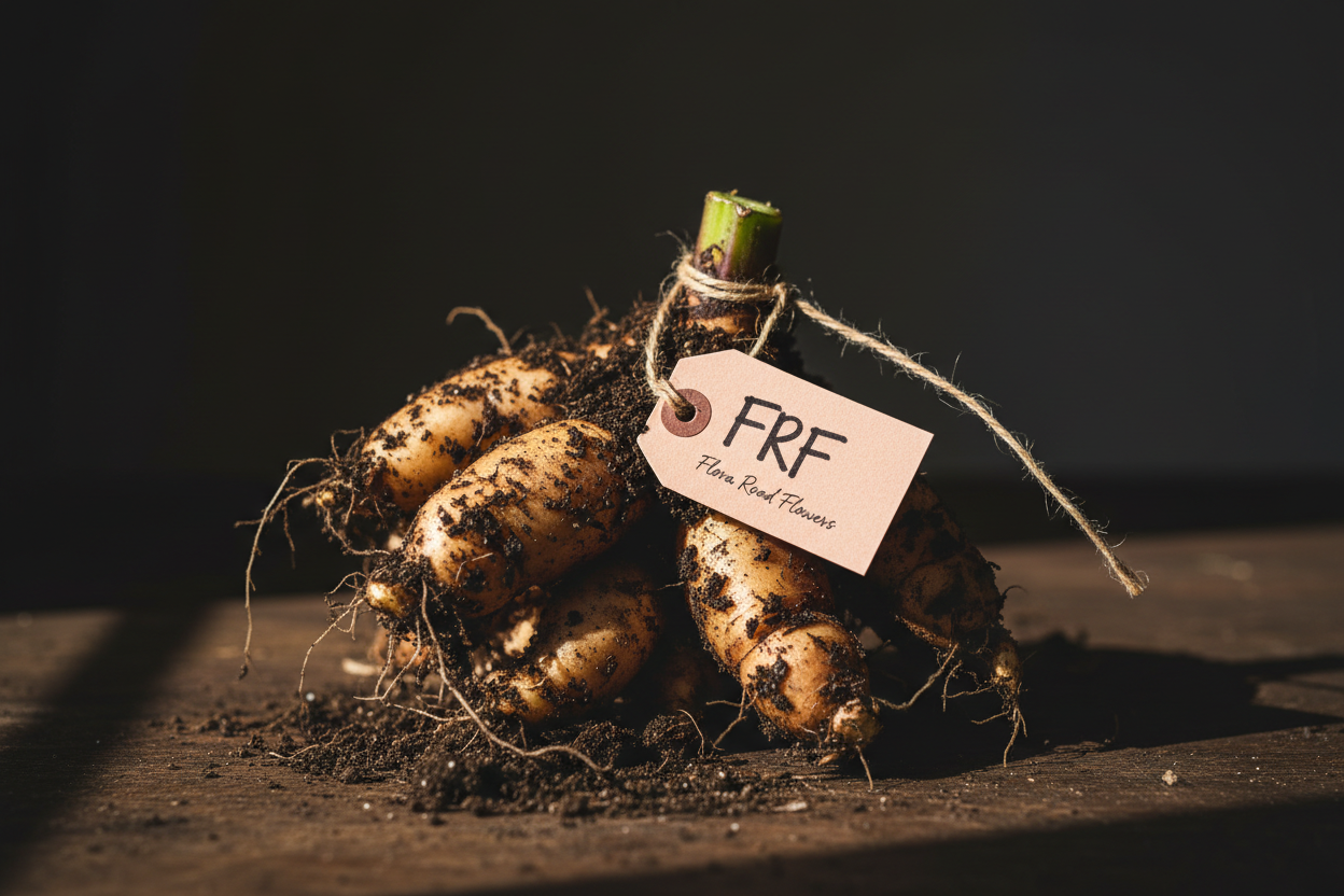 Dahlia Tuber Clump with FRF Flora Road Flowers Tag
